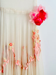 Vintage 1930s pink tulle dress with ribbonwork flowers