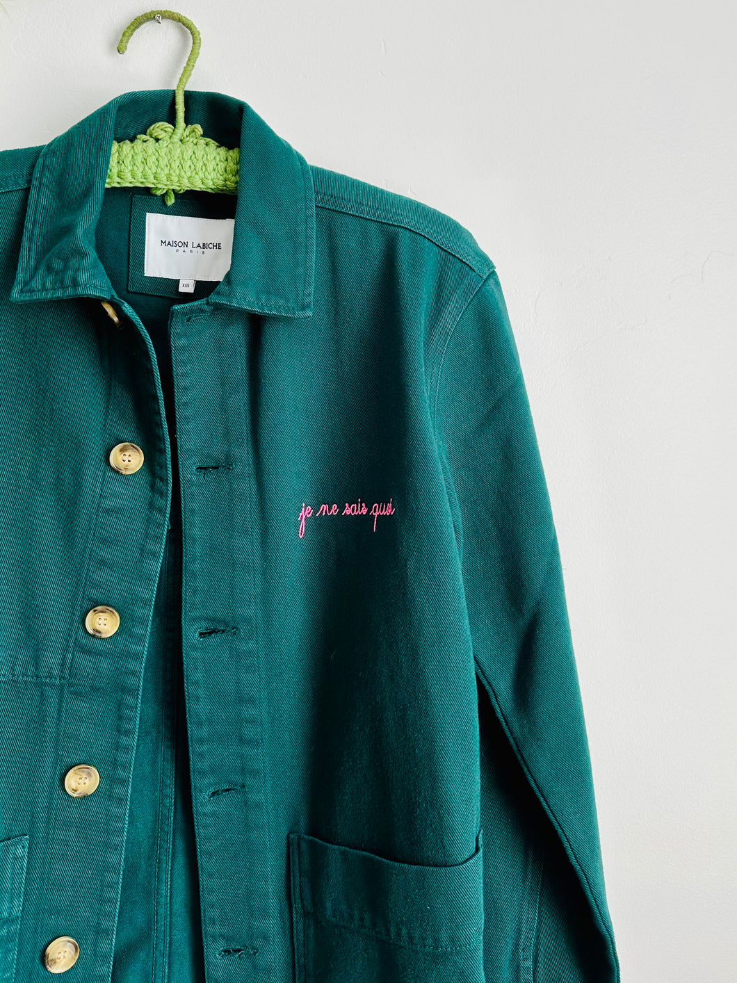 French forest green embroidered denim jacket