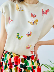 Vintage 1940s beige satin blouse w handpainted butterflies