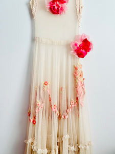 Vintage 1930s pink tulle dress with ribbonwork flowers
