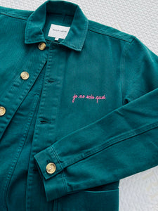 French forest green embroidered denim jacket