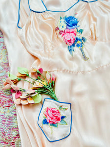 Vintage 1930s peach floral satin lingerie slip dress