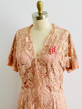 Load image into Gallery viewer, 1940s pink lace dress with bubble pink brooch
