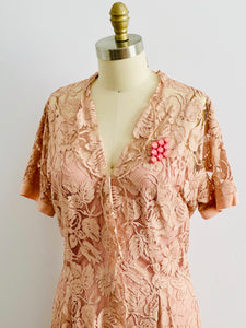 1940s pink lace dress with bubble pink brooch