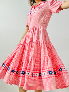 Vintage 1940s pink gingham embroidered dress