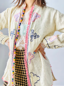 Vintage Moroccan Hand Embroidered Jacket with Pastel Crochet Buttons