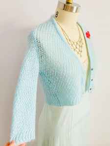 Pastel Blue Cropped Sweater w Embroidered Flowers Vintage Cardigan