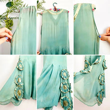 Load image into Gallery viewer, Vintage 1920s green silk dress with ruched velvet flowers

