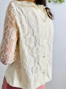 Vintage 1970s tulle lace blouse with ruffled collar and sleeves