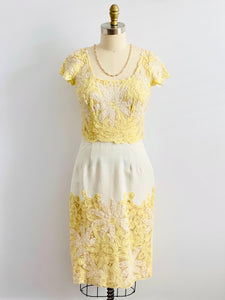 1960s Butter Yellow Battenburg Lace Dress Made in Belgium
