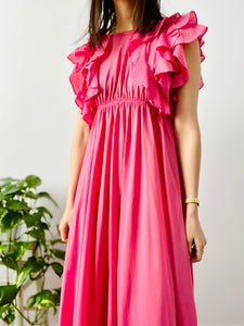 Vintage 1960s bubblegum pink ruffled full length lingerie dress