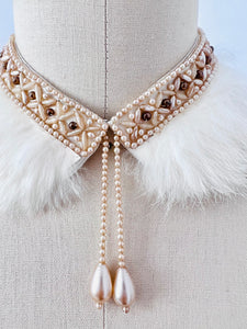 Vintage beaded faux pearls fur collar necklace