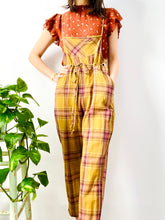 Load image into Gallery viewer, Vintage mustard/rose color plaid cotton overalls
