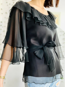 Vintage 1970s black blouse w flared sleeves