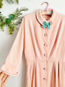 Vintage 1940s Pastel Pink Buttoned Up Dress w Blue Velvet Bow