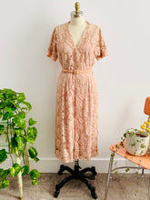 Load image into Gallery viewer, vintage 1940s pink lace dress with matching belt on mannequin
