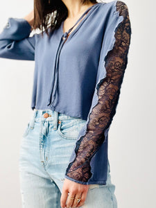 Blue rayon top with lace sleeves
