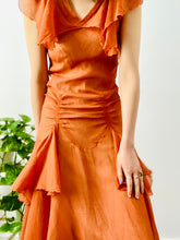 Load image into Gallery viewer, Vintage 1920s orange silk chiffon ruched dress w ribbon bow
