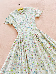 Vintage 1940s novelty print cotton dress pastel colors