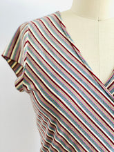 Load image into Gallery viewer, Vintage 1970s Rainbow striped V Neck Top with Side Waist Bow
