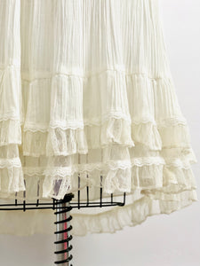 1970s white cotton gauze tulle lace ruffled dress