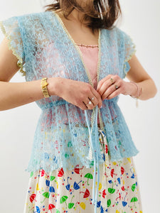 Vintage pastel blue pleated lace top with ribbon ties