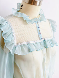 Vintage 1970s Pastel Blue Ruffled Blouse w Tulle lace
