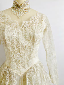 Vintage 1950s tulle lace wedding dress with French buttons