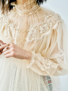 Vintage beige tulle lace blouse