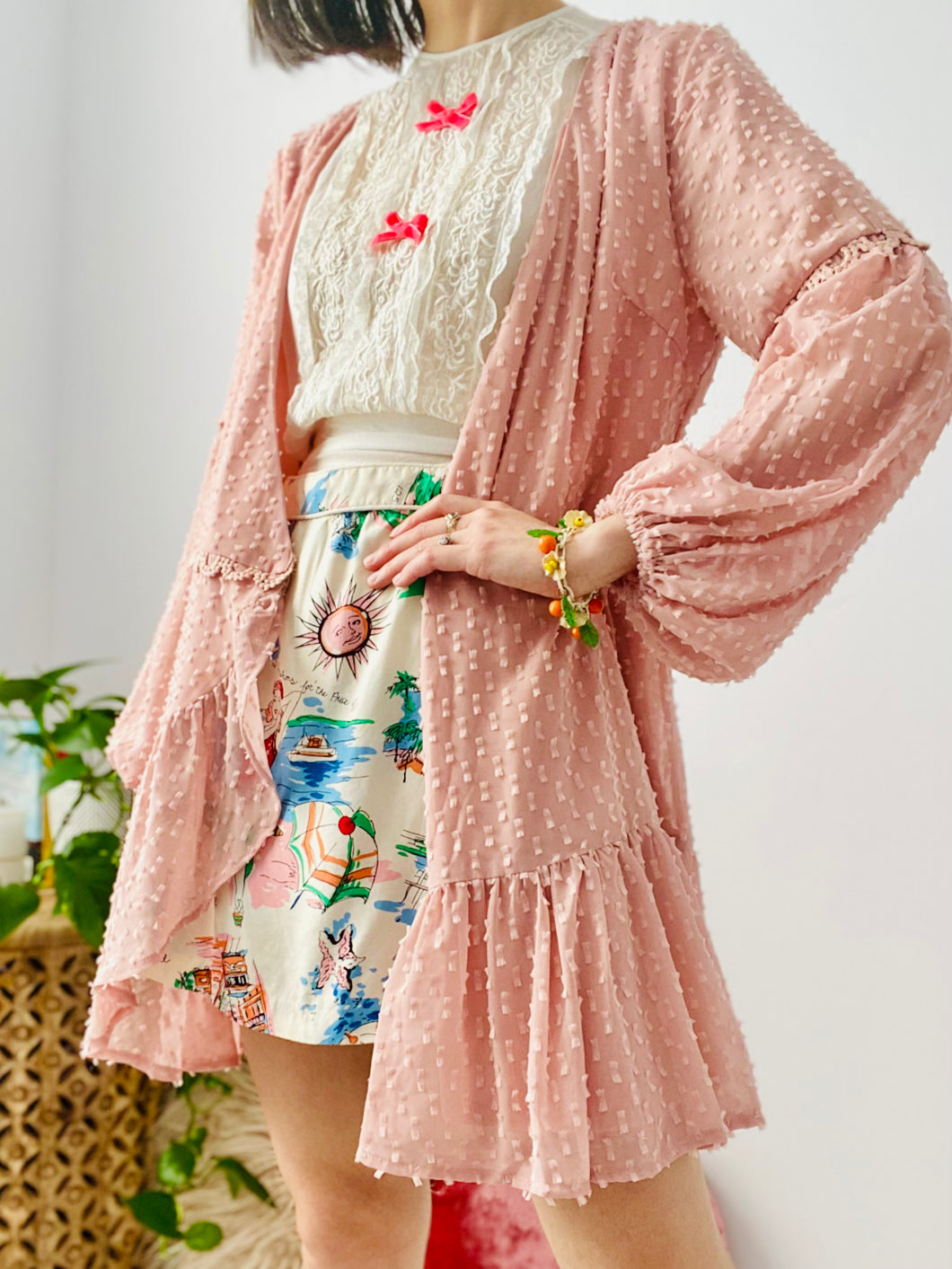 Pastel pink ruched wrap dress w balloon sleeves