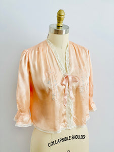 1920s Peach Color Satin Bed Jacket Embroidered Ribbon Vintage Lingerie