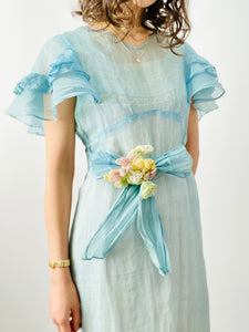 Vintage 1930s pastel blue organza ruffled dress