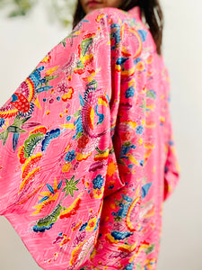Vintage pink Japanese kimono phoenix print reversible dressing robe