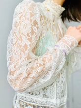 Load image into Gallery viewer, Vintage 1970s Lace Blouse Victorian Style w Balloon Sleeves
