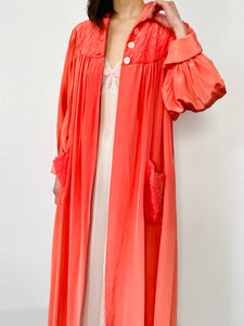 Vintage 1940s coral color rayon dressing robe quilted pockets