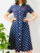 Load image into Gallery viewer, Vintage navy blue polka dots dress with ribbon bow

