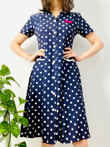 Vintage navy blue polka dots dress with ribbon bow