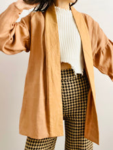 Load image into Gallery viewer, Vintage 1960s caramel color linen leather duster w ruched dolman sleeves
