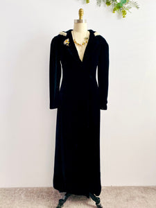 Vintage 1930s Black Fur Hooded Velvet Opera Coat Full Length