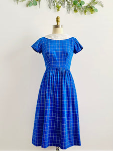 Vintage 1940s navy blue plaid dress with oversized ribbon bow