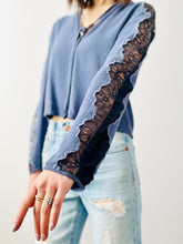 Load image into Gallery viewer, Blue rayon top with lace sleeves

