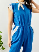 Load image into Gallery viewer, Vintage 1970s navy blue overalls cotton chore jumpsuit
