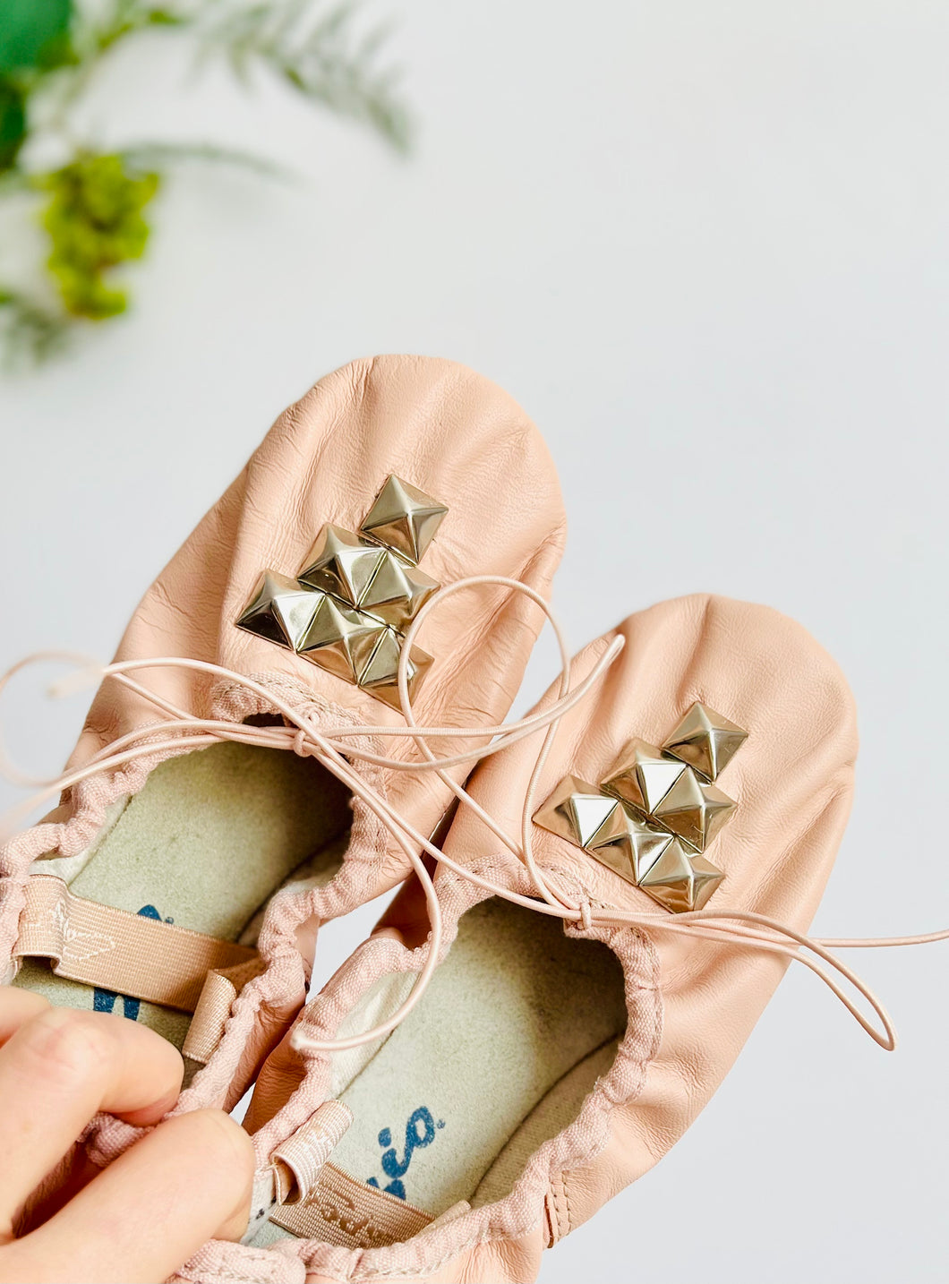 Vintage pink leather ballet flats with studs