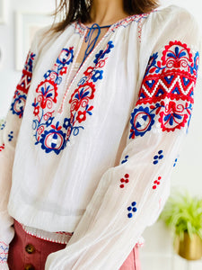 Vintage 1930s Hungarian Top Cotton Embroidered Peasant Blouse