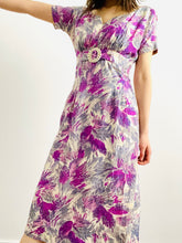 Load image into Gallery viewer, Vintage 1950s purple abstract floral dress with celluloid buckle
