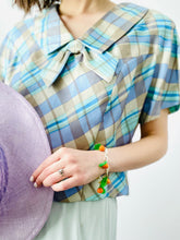 Load image into Gallery viewer, Vintage 1950s pastel blue plaid top w ribbon bow
