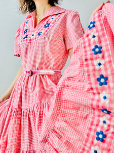 Vintage 1940s pink gingham embroidered dress