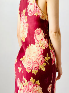 Vintage burgundy color rayon silk floral pink roses print dress