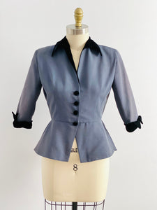 Vintage 1940s blue peplum jacket with black velvet