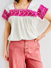 Load image into Gallery viewer, Vintage Purple Color Embroidered Birds Cotton Top on model 
